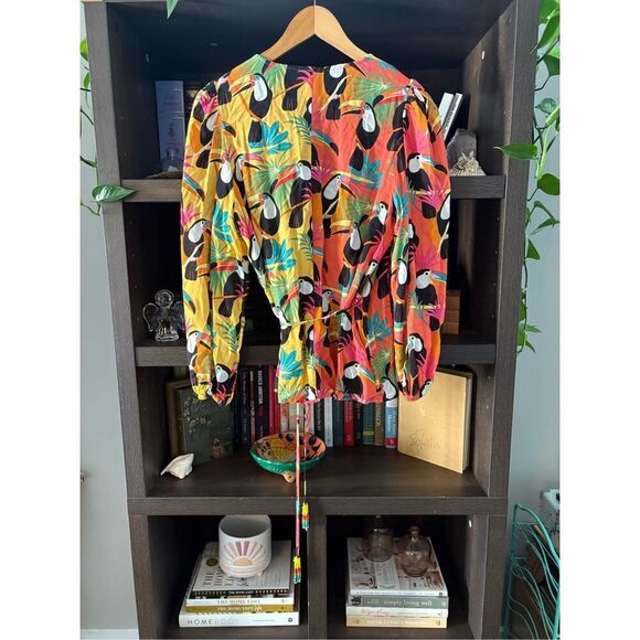 Anthropologie Farm Rio Rainforest Wrap Blouse Toucans Tropical Birds Size Small - Picture 5 of 10